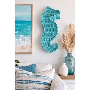 Decorative Seahorse Wall Basket Wicker Coastal Nautical Blue Organizer